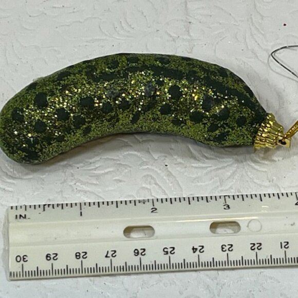 Green Sparkle Pickle Blown Glass Christmas Tree Holiday Ornament 3.75" - Picture 5 of 8
